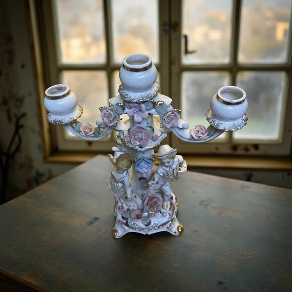 Vintage Porcelain Candelabra Roses and Romance Capodimonte Style Cottagecore Dra - Picture 8 of 12